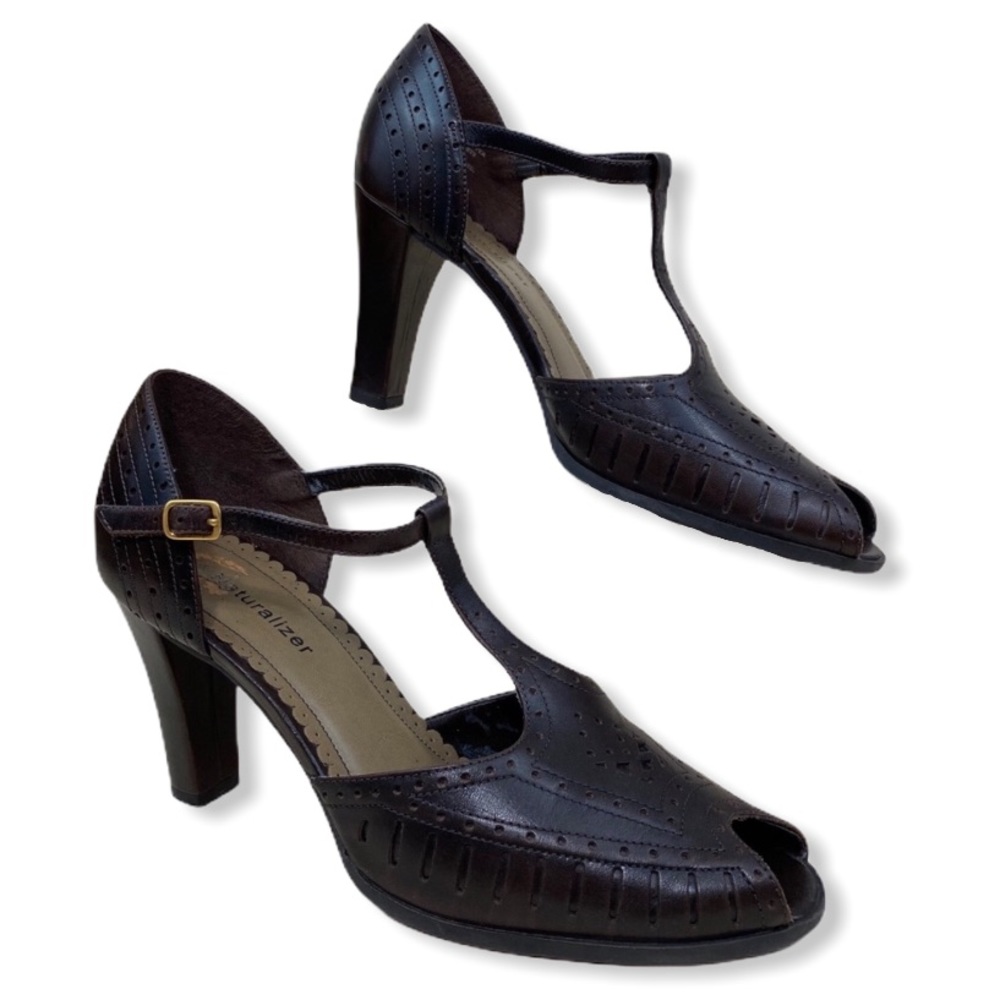 Naturalizer Brown Leather T-Strap Peep Toe Pumps